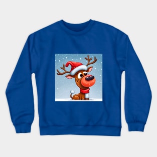 Christmas Reindeer with Santa Hat is standing in deep snow. Crewneck Sweatshirt